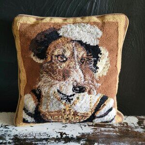 Vintage Needlepoint Pillow With Renaissance Dog Portrait and Velvet Back 11 x 11
